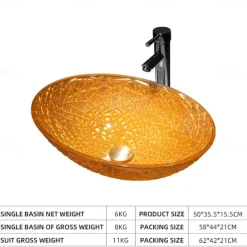Modern Luxury Art Orange Oval Die Cast Glass Wash Basin With Faucet, Basin Holder And Drain