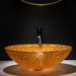 Modern Luxury Art Orange Oval Die Cast Glass Wash Basin With Faucet, Basin Holder And Drain