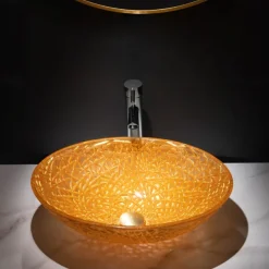 Modern Luxury Art Orange Oval Die Cast Glass Wash Basin With Faucet, Basin Holder And Drain
