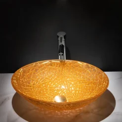 Modern Luxury Art Orange Oval Die Cast Glass Wash Basin With Faucet, Basin Holder And Drain