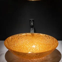 Modern Luxury Art Orange Oval Die Cast Glass Wash Basin With Faucet, Basin Holder And Drain