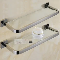 Modern Shower Caddy Bath Toilet Rack Stainless Steel Tempered Glass Shelf Rack Shower Toiletries Rack Cosmetics Storage Rack