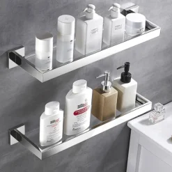 Modern Shower Caddy Bath Toilet Rack Stainless Steel Tempered Glass Shelf Rack Shower Toiletries Rack Cosmetics Storage Rack