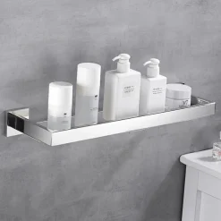 Modern Shower Caddy Bath Toilet Rack Stainless Steel Tempered Glass Shelf Rack Shower Toiletries Rack Cosmetics Storage Rack