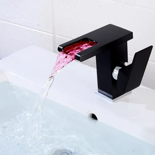 Modern Style Bathroom Sink Faucet LED/Waterfall Electroplated Centerset Single Handle One HoleBath Taps/Bathroom Sink Faucet+ Accessories/Contemporary/Vintage/Yes/Brass