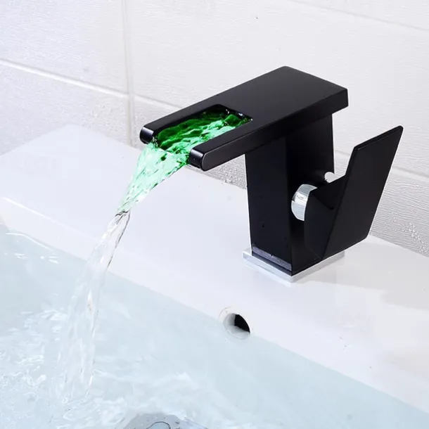Modern Style Bathroom Sink Faucet LED/Waterfall Electroplated Centerset Single Handle One HoleBath Taps/Bathroom Sink Faucet+ Accessories/Contemporary/Vintage/Yes/Brass