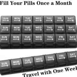 Monthly Pill Organizer 28 Day, Pill Box, Medicine Organizer, Organized By Week, Large 4-Week Pill Container With Dust-Proof Case For Fish Oils, Vitamins, Supplements