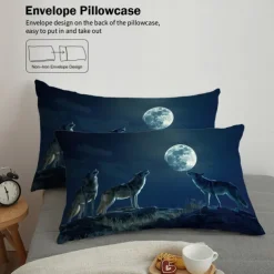 Moon Night Wolf Duvet Cover Set - Includes Duvet Cover and Pillowcases - Mystical Wolf and Moon Design - Soft and Comfortable Fabric