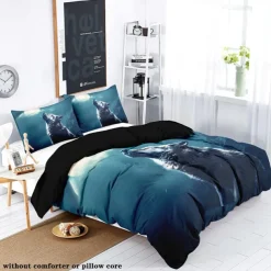 Moon Night Wolf Duvet Cover Set - Includes Duvet Cover and Pillowcases - Mystical Wolf and Moon Design - Soft and Comfortable Fabric