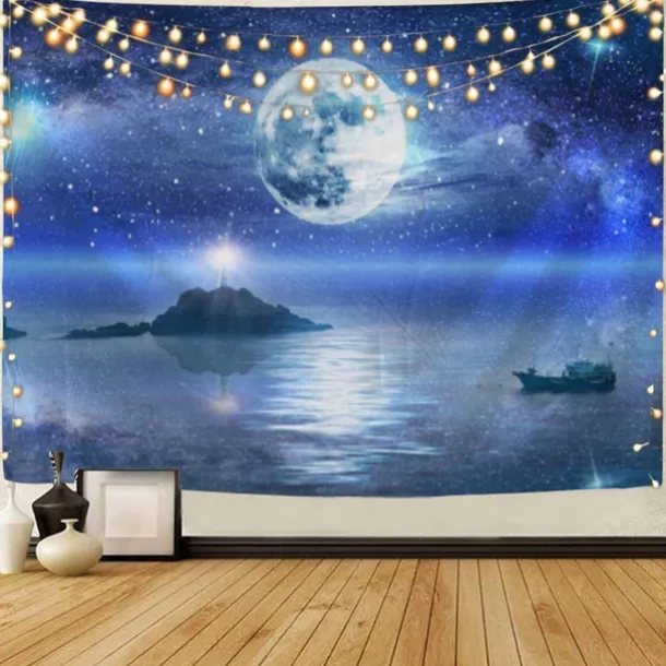 Moon Sea Sky Wall Tapestry Art Decor Blanket Curtain Picnic Tablecloth Hanging Home Bedroom Living Room Dorm Decoration Landscape Full Night Ocean Cloud Star
