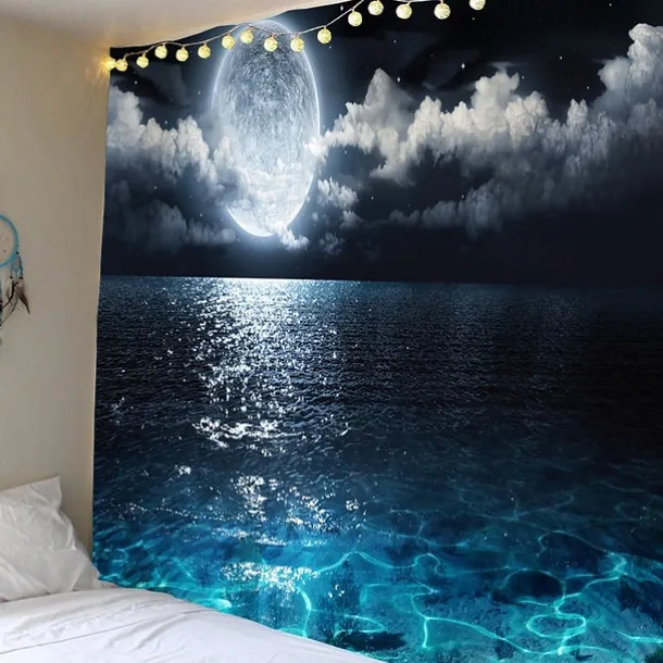 Moon Sea Sky Wall Tapestry Art Decor Blanket Curtain Picnic Tablecloth Hanging Home Bedroom Living Room Dorm Decoration Landscape Full Night Ocean Cloud Star