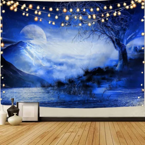 Moon Sea Sky Wall Tapestry Art Decor Blanket Curtain Picnic Tablecloth Hanging Home Bedroom Living Room Dorm Decoration Landscape Full Night Ocean Cloud Star