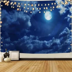 Moon Sea Sky Wall Tapestry Art Decor Blanket Curtain Picnic Tablecloth Hanging Home Bedroom Living Room Dorm Decoration Landscape Full Night Ocean Cloud Star