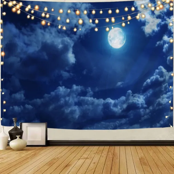 Moon Sea Sky Wall Tapestry Art Decor Blanket Curtain Picnic Tablecloth Hanging Home Bedroom Living Room Dorm Decoration Landscape Full Night Ocean Cloud Star