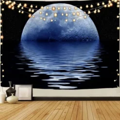 Moon Sea Sky Wall Tapestry Art Decor Blanket Curtain Picnic Tablecloth Hanging Home Bedroom Living Room Dorm Decoration Landscape Full Night Ocean Cloud Star