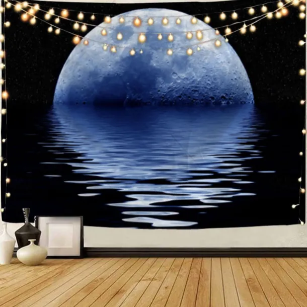 Moon Sea Sky Wall Tapestry Art Decor Blanket Curtain Picnic Tablecloth Hanging Home Bedroom Living Room Dorm Decoration Landscape Full Night Ocean Cloud Star
