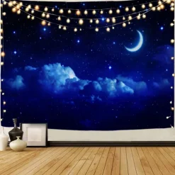 Moon Sea Sky Wall Tapestry Art Decor Blanket Curtain Picnic Tablecloth Hanging Home Bedroom Living Room Dorm Decoration Landscape Full Night Ocean Cloud Star