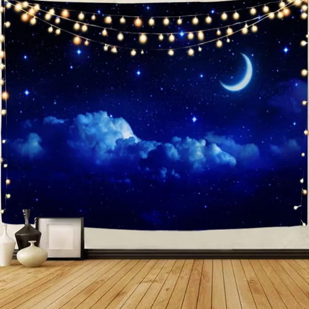 Moon Sea Sky Wall Tapestry Art Decor Blanket Curtain Picnic Tablecloth Hanging Home Bedroom Living Room Dorm Decoration Landscape Full Night Ocean Cloud Star