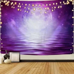 Moon Sea Sky Wall Tapestry Art Decor Blanket Curtain Picnic Tablecloth Hanging Home Bedroom Living Room Dorm Decoration Landscape Full Night Ocean Cloud Star