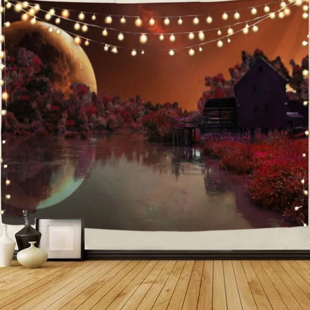 Moon Sea Sky Wall Tapestry Art Decor Blanket Curtain Picnic Tablecloth Hanging Home Bedroom Living Room Dorm Decoration Landscape Full Night Ocean Cloud Star