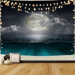 Moon Sea Sky Wall Tapestry Art Decor Blanket Curtain Picnic Tablecloth Hanging Home Bedroom Living Room Dorm Decoration Landscape Full Night Ocean Cloud Star