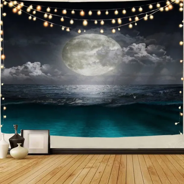 Moon Sea Sky Wall Tapestry Art Decor Blanket Curtain Picnic Tablecloth Hanging Home Bedroom Living Room Dorm Decoration Landscape Full Night Ocean Cloud Star