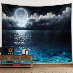Moon Sea Sky Wall Tapestry Art Decor Blanket Curtain Picnic Tablecloth Hanging Home Bedroom Living Room Dorm Decoration Landscape Full Night Ocean Cloud Star