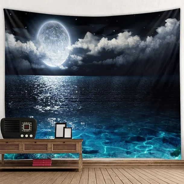 Moon Sea Sky Wall Tapestry Art Decor Blanket Curtain Picnic Tablecloth Hanging Home Bedroom Living Room Dorm Decoration Landscape Full Night Ocean Cloud Star
