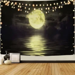 Moon Sea Sky Wall Tapestry Art Decor Blanket Curtain Picnic Tablecloth Hanging Home Bedroom Living Room Dorm Decoration Landscape Full Night Ocean Cloud Star