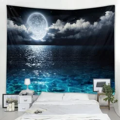 Moon Sea Sky Wall Tapestry Art Decor Blanket Curtain Picnic Tablecloth Hanging Home Bedroom Living Room Dorm Decoration Landscape Full Night Ocean Cloud Star