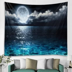 Moon Sea Sky Wall Tapestry Art Decor Blanket Curtain Picnic Tablecloth Hanging Home Bedroom Living Room Dorm Decoration Landscape Full Night Ocean Cloud Star