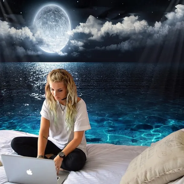 Moon Sea Sky Wall Tapestry Art Decor Blanket Curtain Picnic Tablecloth Hanging Home Bedroom Living Room Dorm Decoration Landscape Full Night Ocean Cloud Star