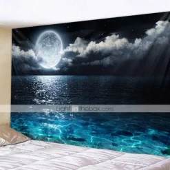 Moon Sea Sky Wall Tapestry Art Decor Blanket Curtain Picnic Tablecloth Hanging Home Bedroom Living Room Dorm Decoration Landscape Full Night Ocean Cloud Star