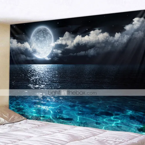 Moon Sea Sky Wall Tapestry Art Decor Blanket Curtain Picnic Tablecloth Hanging Home Bedroom Living Room Dorm Decoration Landscape Full Night Ocean Cloud Star