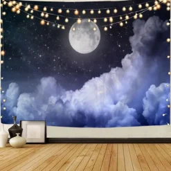 Moon Sea Sky Wall Tapestry Art Decor Blanket Curtain Picnic Tablecloth Hanging Home Bedroom Living Room Dorm Decoration Landscape Full Night Ocean Cloud Star