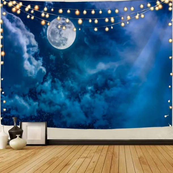 Moon Sea Sky Wall Tapestry Art Decor Blanket Curtain Picnic Tablecloth Hanging Home Bedroom Living Room Dorm Decoration Landscape Full Night Ocean Cloud Star