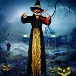 Motion-Activated Witch and Sound Sensing Halloween Bar Scene Decoration for Haunted House Atmosphere