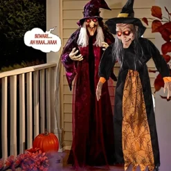 Motion-Activated Witch and Sound Sensing Halloween Bar Scene Decoration for Haunted House Atmosphere