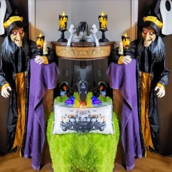 Motion-Activated Witch and Sound Sensing Halloween Bar Scene Decoration for Haunted House Atmosphere