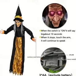 Motion-Activated Witch and Sound Sensing Halloween Bar Scene Decoration for Haunted House Atmosphere