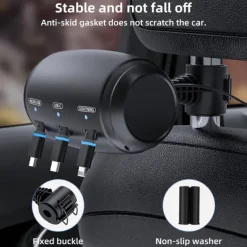 Multi Car Retractable Backseat 3 in 1 Car Charging Station Box Compatible with All Phones, for Uber Taxi Lyft Turo Ride Share Customer Charging Dock Attach to Headrest
