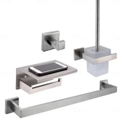 Multifunction Bathroom Accessory Set Include Towel Bar Toilet Brush Holder Robe Hook and Toilet Paper Holder Contemporary Stainless Steel for Bathroom Wall Mounted Silvery 4pcs