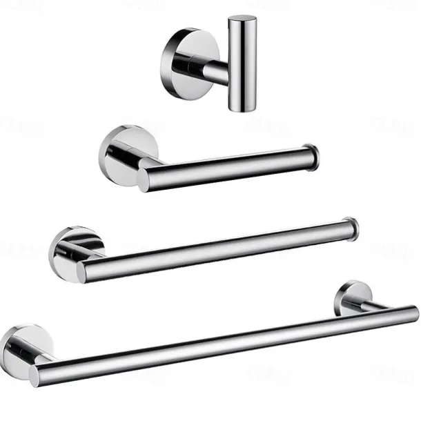 Multifunction Bathroom Accessory Set Mirror Polished Robe Hook and Bathroom Single Rod Stainless Steel Wall Mounted Silvery 4pcs