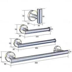 Multifunction Bathroom Accessory Set Mirror Polished Robe Hook and Bathroom Single Rod Stainless Steel Wall Mounted Silvery 4pcs