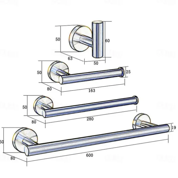 Multifunction Bathroom Accessory Set Mirror Polished Robe Hook and Bathroom Single Rod Stainless Steel Wall Mounted Silvery 4pcs