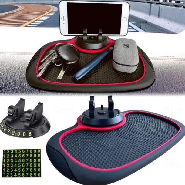 Multifunction Car Anti-Slip Mat Auto Phone Holder - 3-in-1 Dashboard Organizer with Rotating Phone Bracket - Non-Slip PVC Material