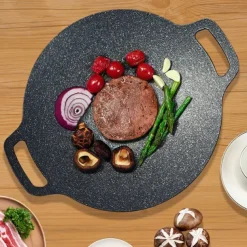 Multi-Function Medical Stone Grill Pan Non-Stick Pan,Non-Stick Coating Frying Pan,Round BBQ Griddle with Handle,Multifunctional Stove Plate for Meats,Pancakes,Ribs