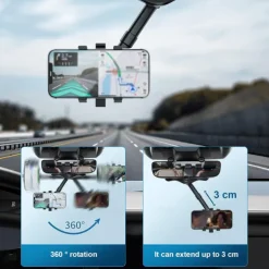Multifunctional 360 Rotatable Car Rearview Mirror Phone Holder Mount Multifunctional Rearview Mirror Phone Holder Adjustable Universal Cell Phone Holder for Car Compatible All Smartphones