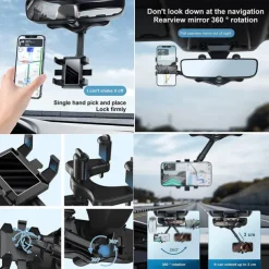 Multifunctional 360 Rotatable Car Rearview Mirror Phone Holder Mount Multifunctional Rearview Mirror Phone Holder Adjustable Universal Cell Phone Holder for Car Compatible All Smartphones