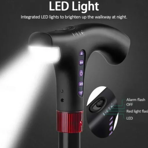 Multifunctional Height Adjustable Portable Walking Stick with MP3 Music Player, LED Radio Listening, Interesting Auto Alarm Function
